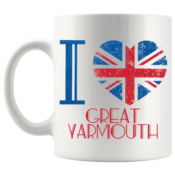 I Love Great Yarmouth Mug local pride gift for anyone who loves Great Yarmouth shown with handle on the left