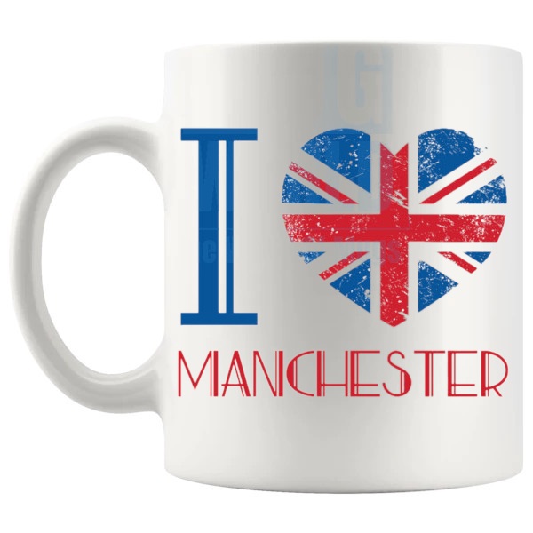 I Love Manchester Mug local pride gift for anyone who loves Manchester shown with handle on the left