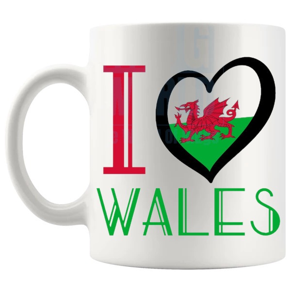 I Love Wales Mug Welsh gift for Wales lovers shown with handle on the left