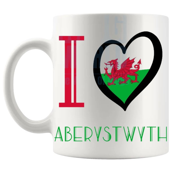 I Love Aberystwyth Mug shown with handle on the left