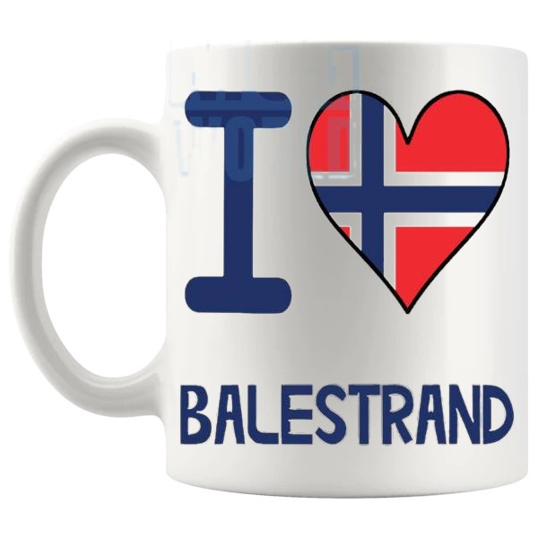 I Love Balestrand Mug travel gift mug for anyone who loves Balestrand shown with handle on the left