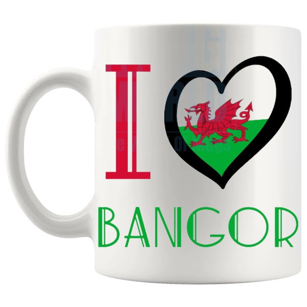 I Love Bangor Mug Welsh place gift for Bangor lovers shown with handle on the left