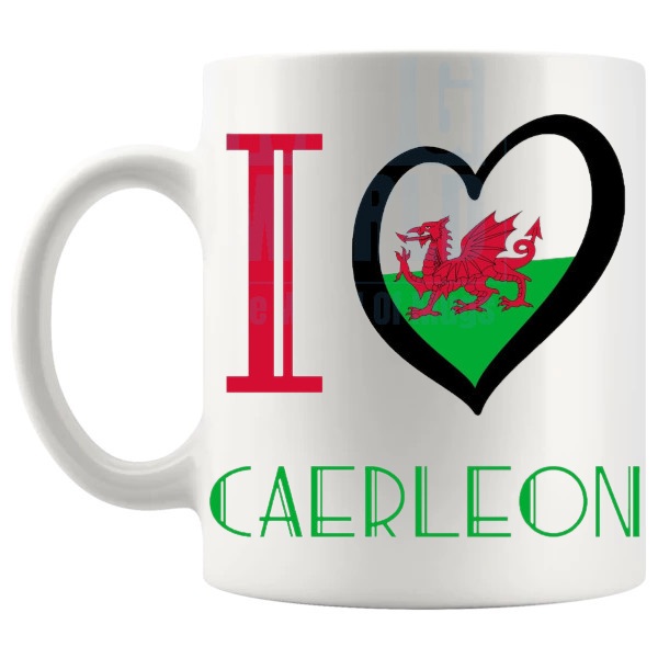 I Love Caerleon Mug Welsh place gift for Caerleon lovers shown with handle on the left