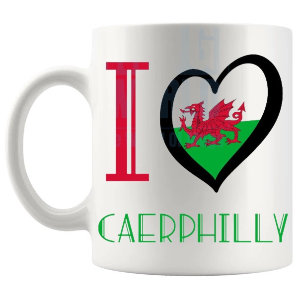 I Love Caerphilly Mug shown with handle on the left