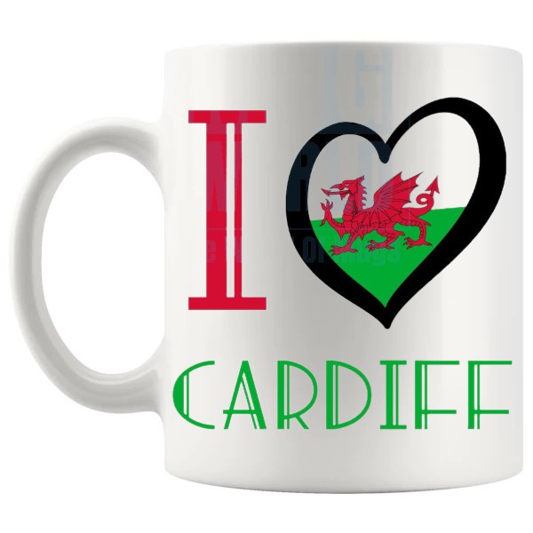 I Love Cardiff Mug Welsh place gift for Cardiff lovers shown with handle on the left
