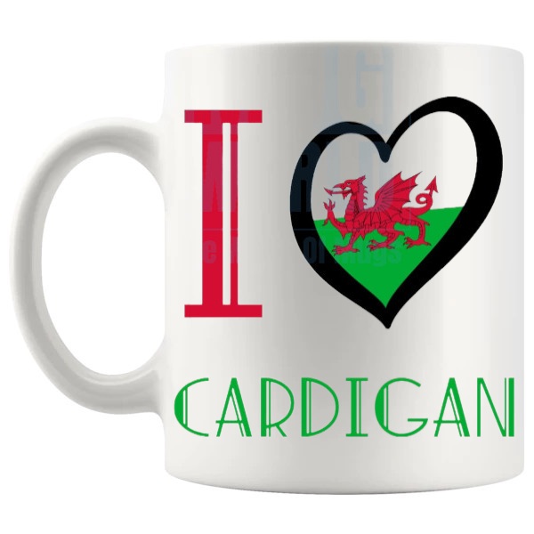 I Love Cardigan Mug shown with handle on the left
