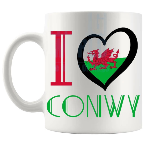 I Love Conwy Mug Welsh place gift for Conwy lovers shown with handle on the left