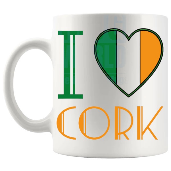 I Love Cork Mug Irish place-name gift for Cork fans shown with handle on the left