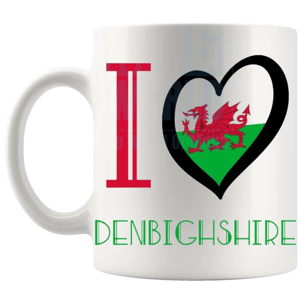 I Love Denbighshire Mug Welsh place gift for Denbighshire lovers shown with handle on the left
