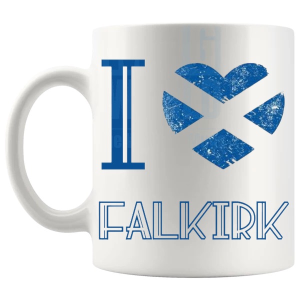 I Love Falkirk Mug shown with handle on the left