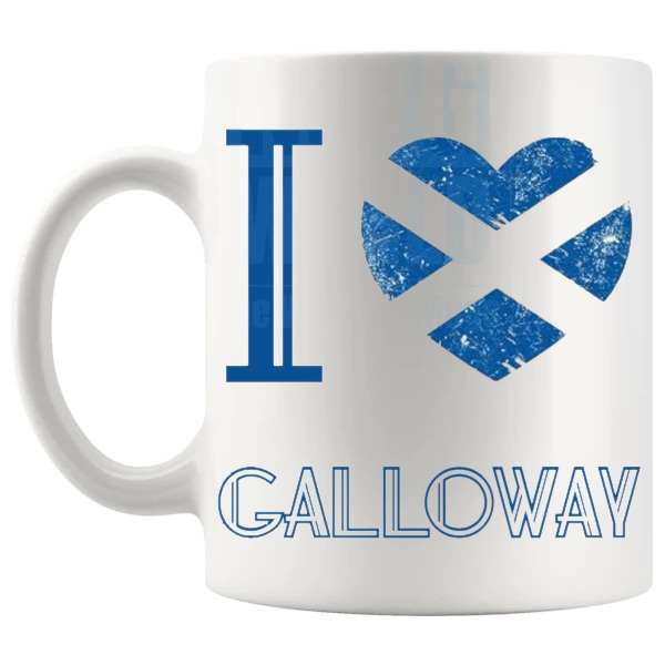 I Love Galloway Mug shown with handle on the left