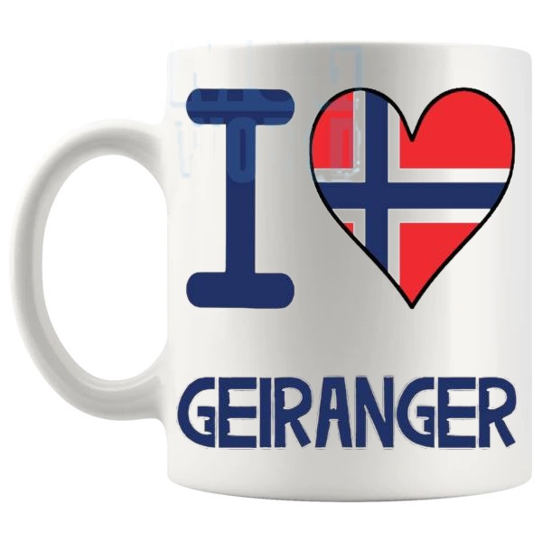 I Love Geiranger Mug travel gift mug for anyone who loves Geiranger shown with handle on the left