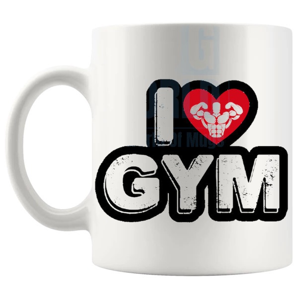 I Love Gym Mug shown with handle on the left