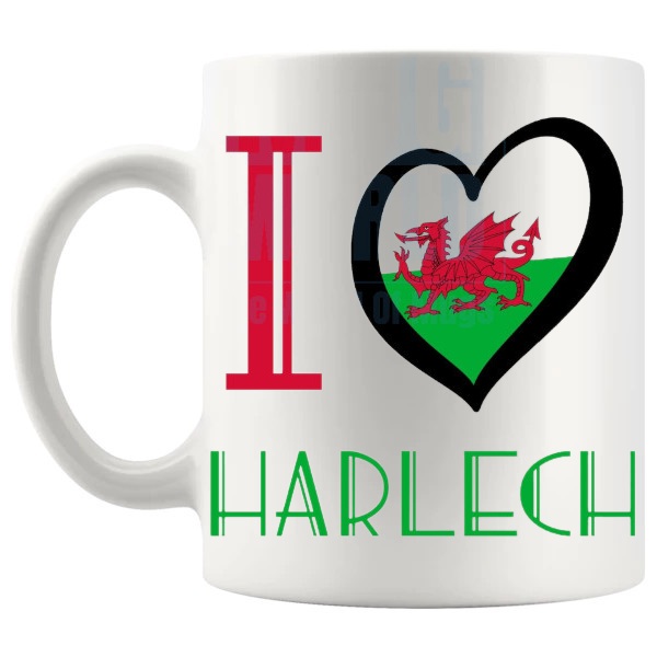 I Love Harlech Mug shown with handle on the left