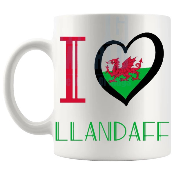 I Love Llandaff Mug Welsh place gift for Llandaff lovers shown with handle on the left