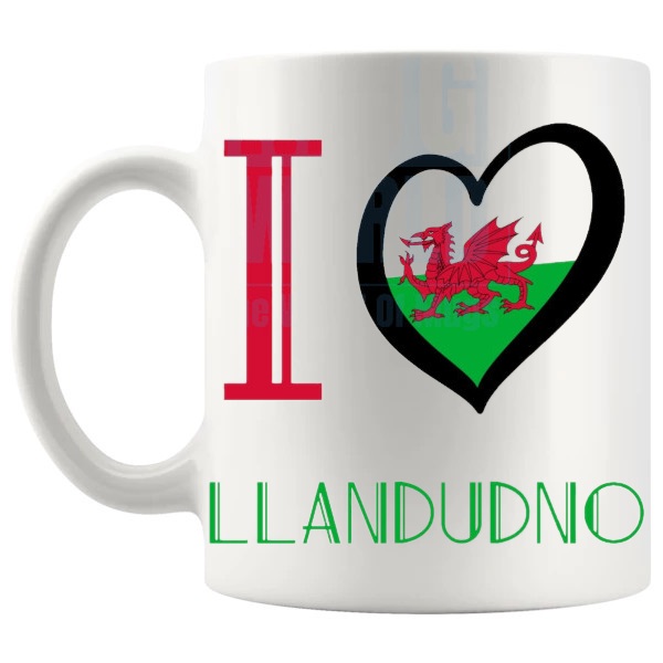 I Love Llandudno Mug shown with handle on the left