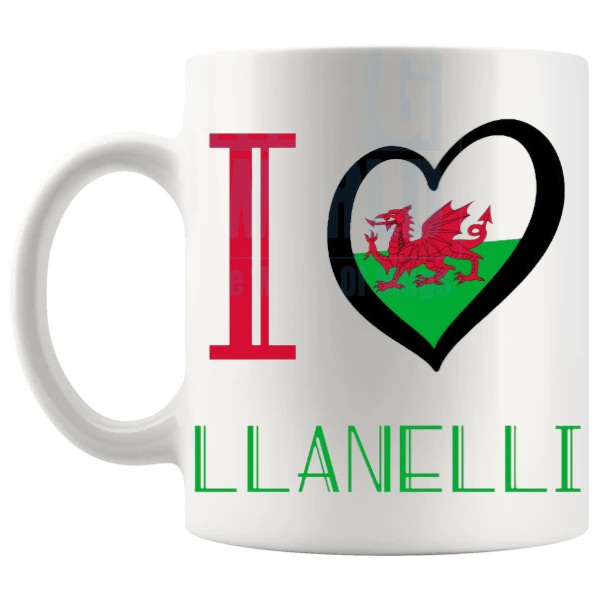 I Love Llanelli Mug Welsh place gift for Llanelli lovers shown with handle on the left