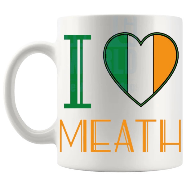 I Love Meath Mug Irish place-name gift for Meath fans shown with handle on the left
