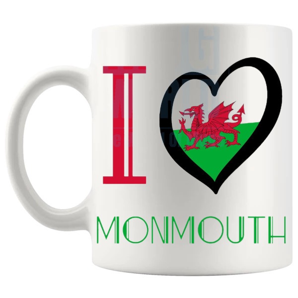 I Love Monmouth Mug shown with handle on the left