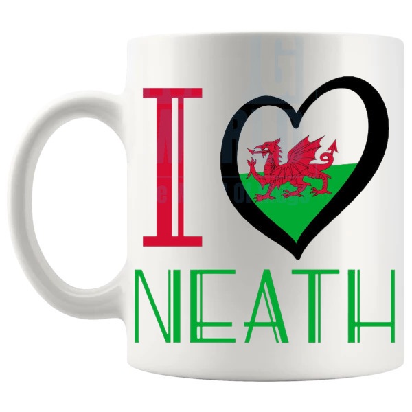 I Love Neath Mug Welsh place gift for Neath lovers shown with handle on the left