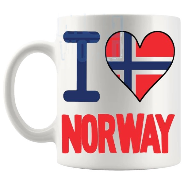I Love Norway Mug travel gift mug for anyone who loves Norway shown with handle on the left
