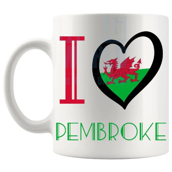 I Love Pembroke Mug shown with handle on the left