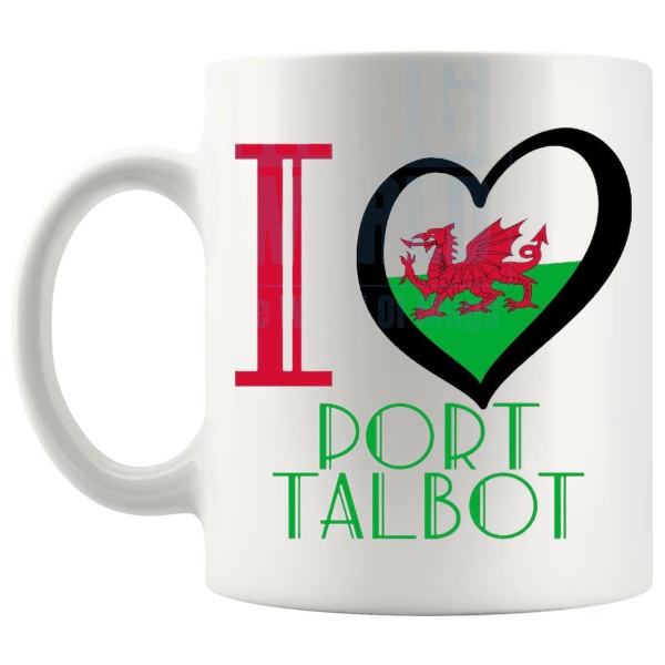I Love Port Talbot Mug Welsh place gift for Port Talbot lovers shown with handle on the left