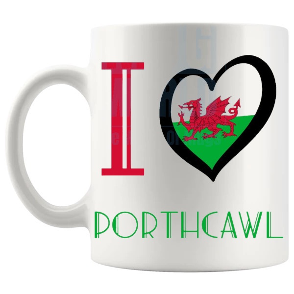 I Love Porthcawl Mug shown with handle on the left