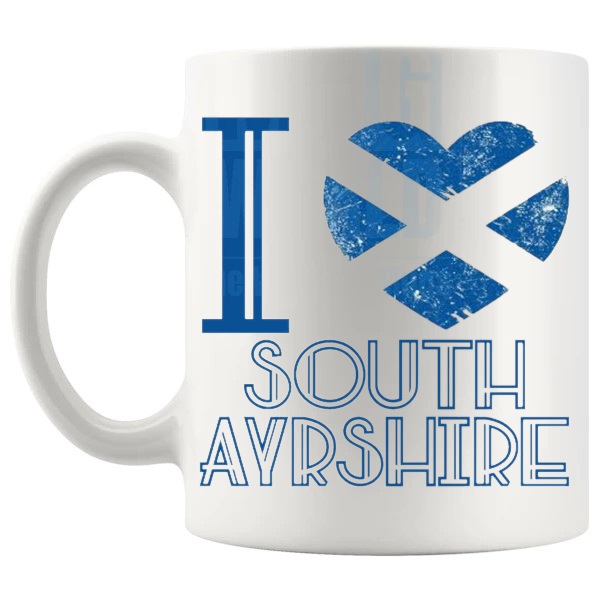 I Love South Ayrshire Mug shown with handle on the left