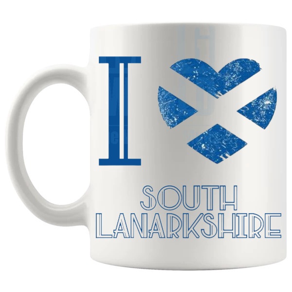 I Love South Lanarkshire Mug shown with handle on the left