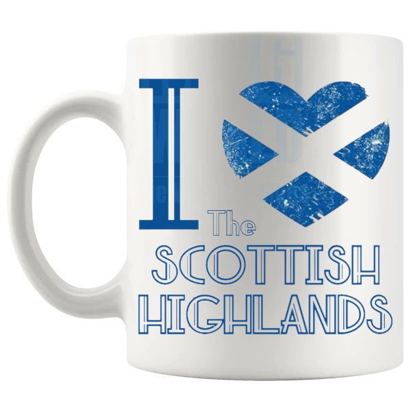 I Love The Scottish Highlands Mug shown with handle on the left