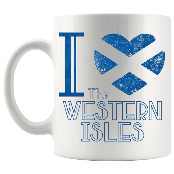 I Love The Western Isles Mug shown with handle on the left