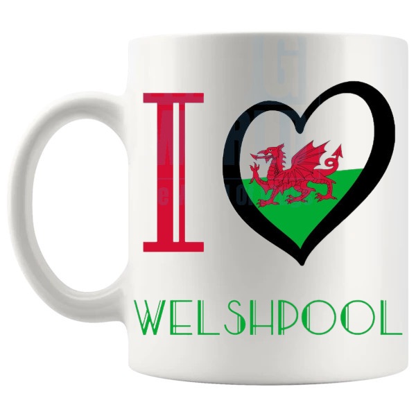 I Love Welshpool Mug shown with handle on the left