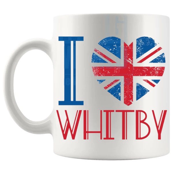 I Love Whitby Mug local pride gift for anyone who loves Whitby shown with handle on the left