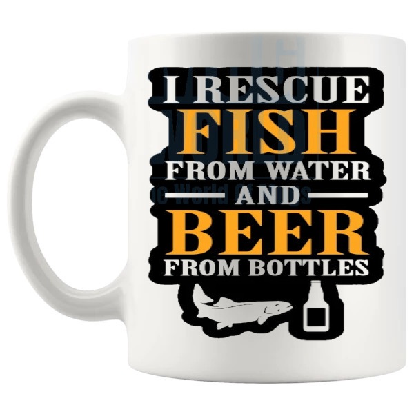 I Rescue Fish From Water Mug funny fishing gift shown with handle on the left