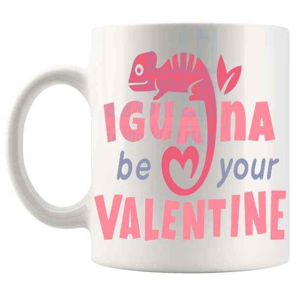 Iguana Be Your Valentine Mug funny pun mug for Valentine's Day and couple gifts shown with handle on the left
