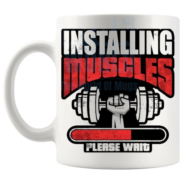 Installing Muscles Please Wait Mug shown with handle on the left