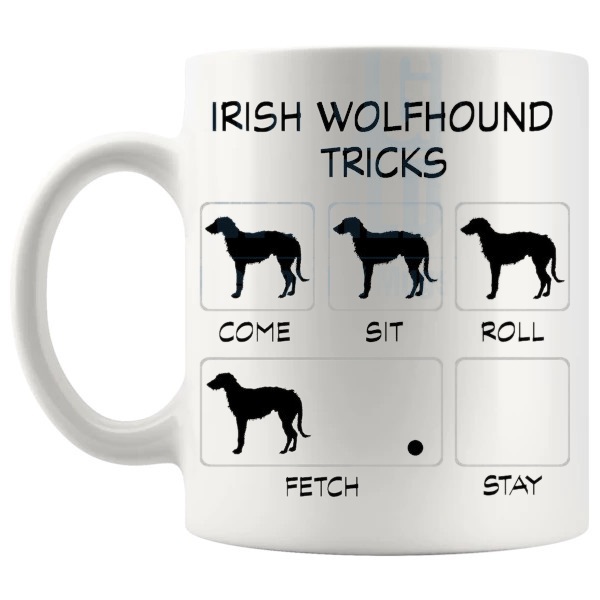 Irish Wolfhound Tricks Mug funny dog breed gift for Irish Wolfhound owners shown with handle on the left