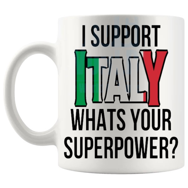 Italy Supporter Superpower Mug unofficial football fan gift shown with handle on the left