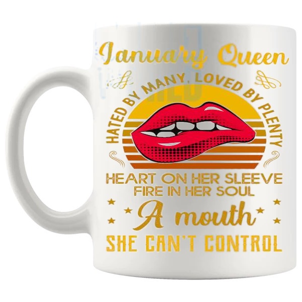 January Queen Birthday Mug funny birth month gift for her with red lips design left handle