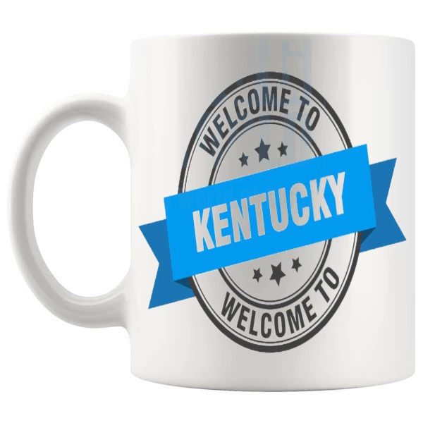 Kentucky Mug In Blue travel gift for anyone with a connection to Kentucky shown with handle on the left