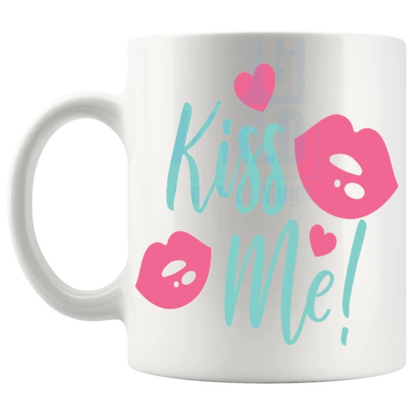 Kiss Me Mug love-themed mug for Valentine's Day and romantic gifts shown with handle on the left