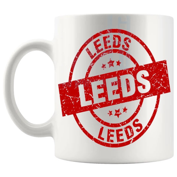 Leeds Mug travel gift for anyone with a connection to Leeds shown with handle on the left