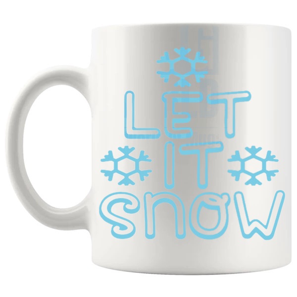 Let It Snow Design 2 Mug cosy christmas gift design on a white mug shown with handle on the left