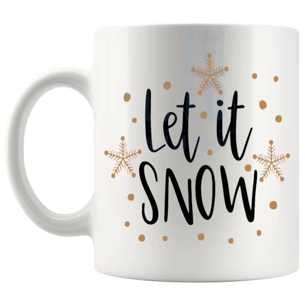 Let It Snow Mug cosy christmas gift design on a white mug shown with handle on the left