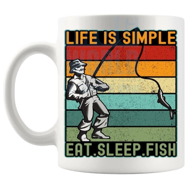 Life Is Simple Mug funny fishing gift shown with handle on the left