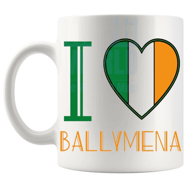 I Love Ballymena Mug Irish place-name gift for Ballymena fans shown with handle on the left