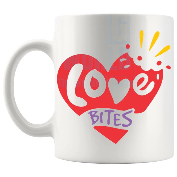 Love Bites Mug love-themed mug for Valentine's Day and romantic gifts shown with handle on the left