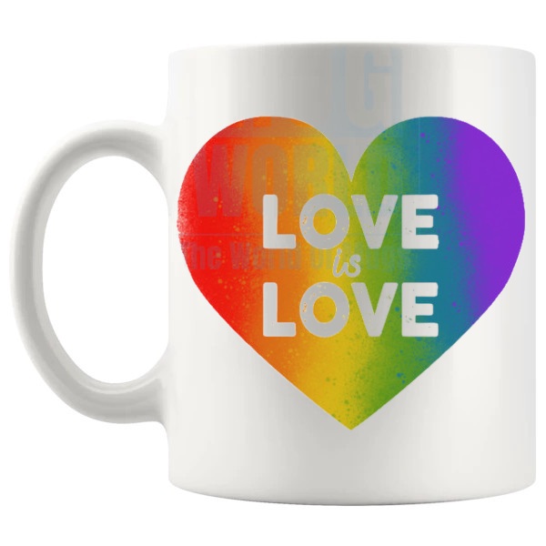 Love Is Love Heart LGBTQ Mug with Pride-positive heart design shown with handle on the left