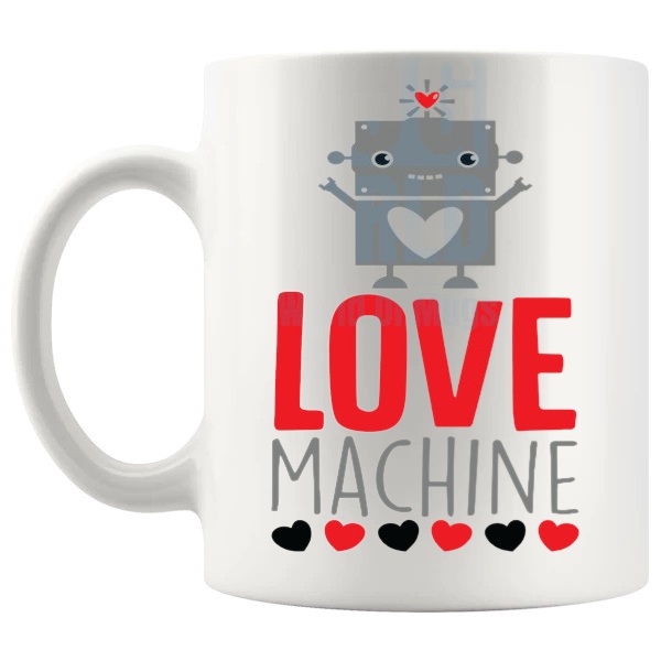 Love Machine Mug love-themed mug for Valentine's Day and romantic gifts shown with handle on the left